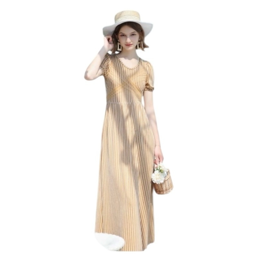 Cottagecore LG Neutral Feminine striped wrap puffed sleeves Maxi dress L